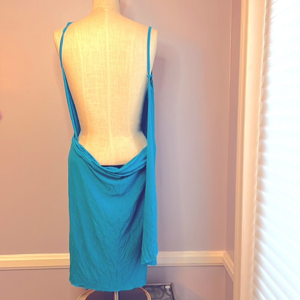 Turquoise deep V neck sexy spaghetti strap wrap draped backless swimsuit coverup - Picture 11 of 11